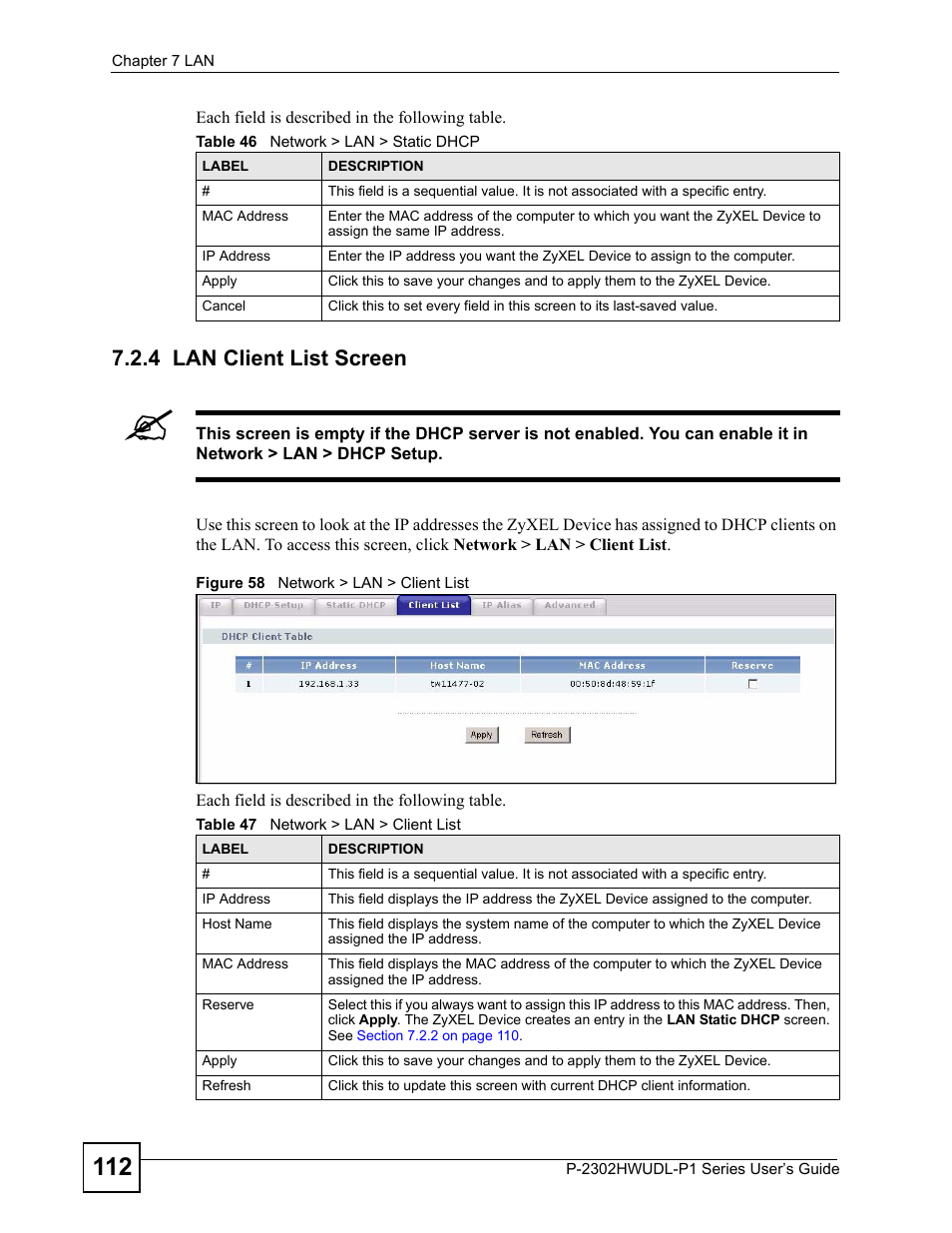 4 lan client list screen, Figure 58 network > lan > client list | ZyXEL Communications Network Device P-2302 User Manual | Page 112 / 359