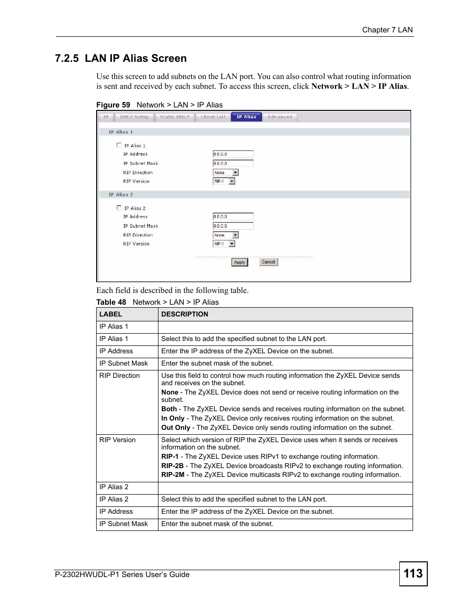 5 lan ip alias screen, Figure 59 network > lan > ip alias, Table 48 network > lan > ip alias | ZyXEL Communications Network Device P-2302 User Manual | Page 113 / 359