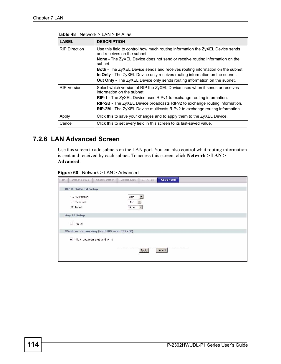 6 lan advanced screen, Figure 60 network > lan > advanced | ZyXEL Communications Network Device P-2302 User Manual | Page 114 / 359