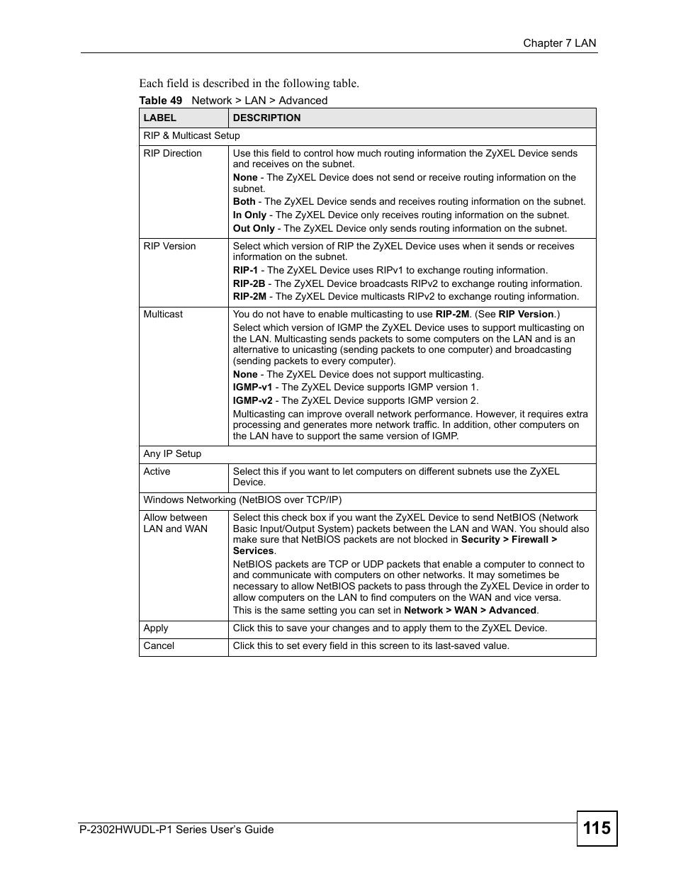 Table 49 network > lan > advanced | ZyXEL Communications Network Device P-2302 User Manual | Page 115 / 359