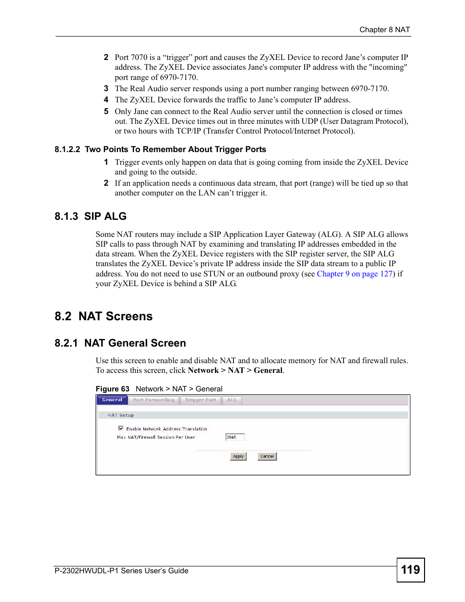 3 sip alg, 2 nat screens, 1 nat general screen | Figure 63 network > nat > general | ZyXEL Communications Network Device P-2302 User Manual | Page 119 / 359