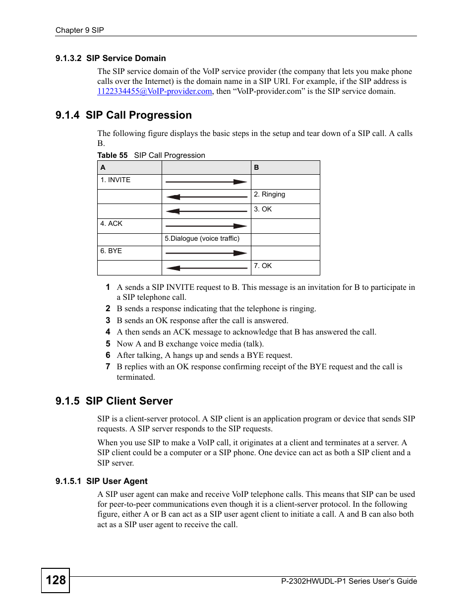 4 sip call progression, 5 sip client server, 4 sip call progression 9.1.5 sip client server | Table 55 sip call progression | ZyXEL Communications Network Device P-2302 User Manual | Page 128 / 359