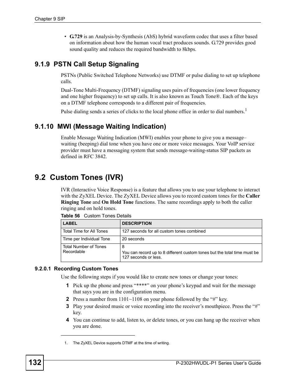 9 pstn call setup signaling, 10 mwi (message waiting indication), 2 custom tones (ivr) | Table 56 custom tones details | ZyXEL Communications Network Device P-2302 User Manual | Page 132 / 359