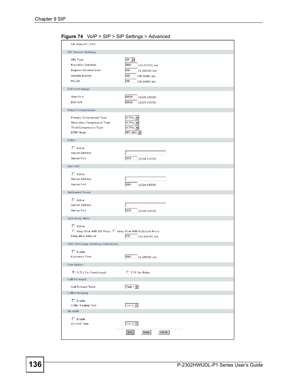 Figure 74 voip > sip > sip settings > advanced | ZyXEL Communications Network Device P-2302 User Manual | Page 136 / 359