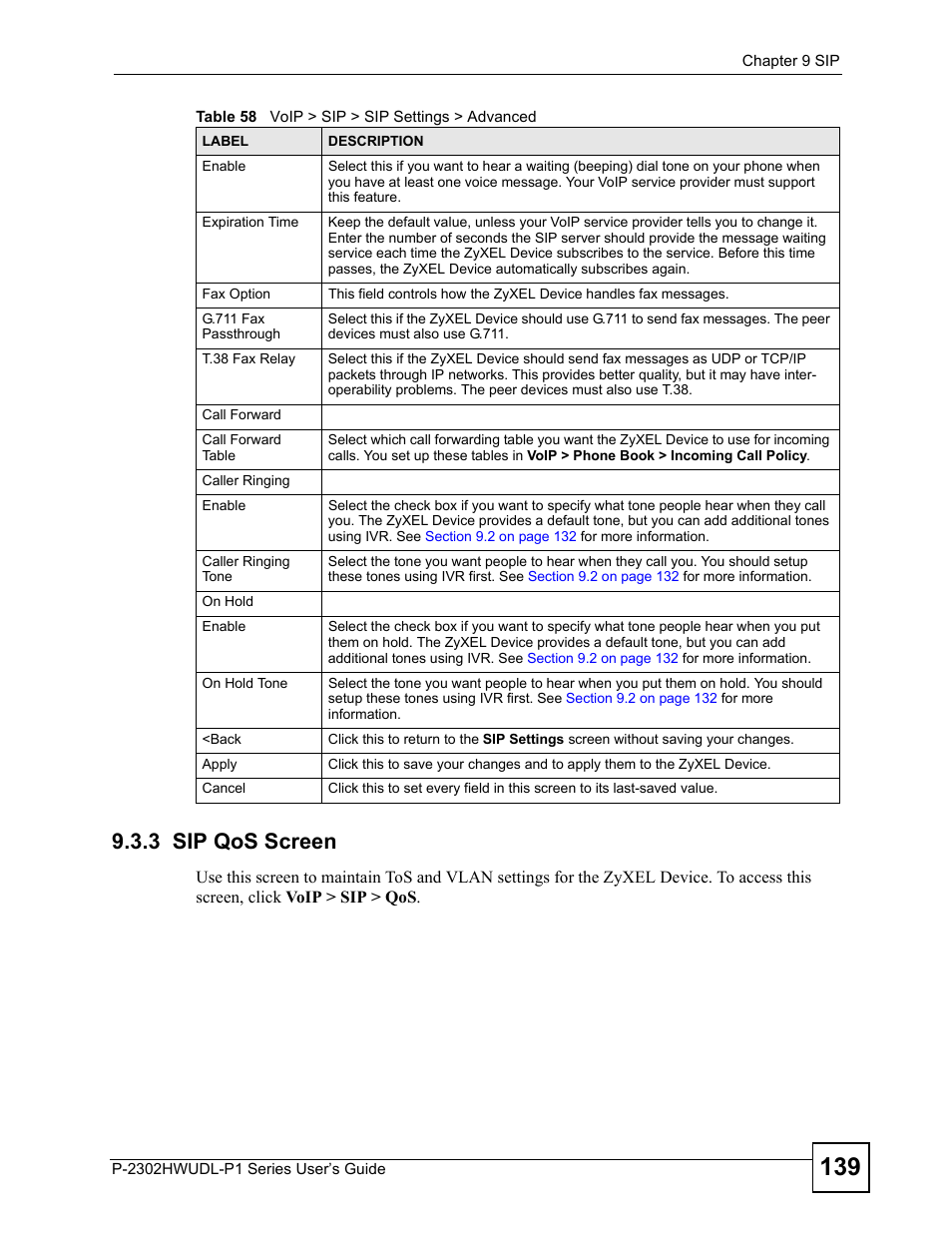 3 sip qos screen | ZyXEL Communications Network Device P-2302 User Manual | Page 139 / 359