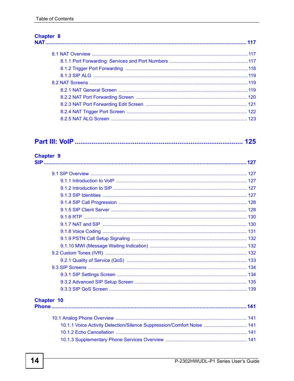 Part iii: voip | ZyXEL Communications Network Device P-2302 User Manual | Page 14 / 359