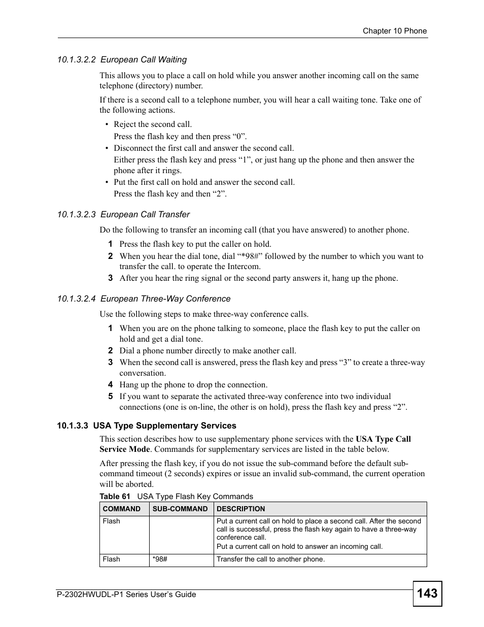 Table 61 usa type flash key commands | ZyXEL Communications Network Device P-2302 User Manual | Page 143 / 359