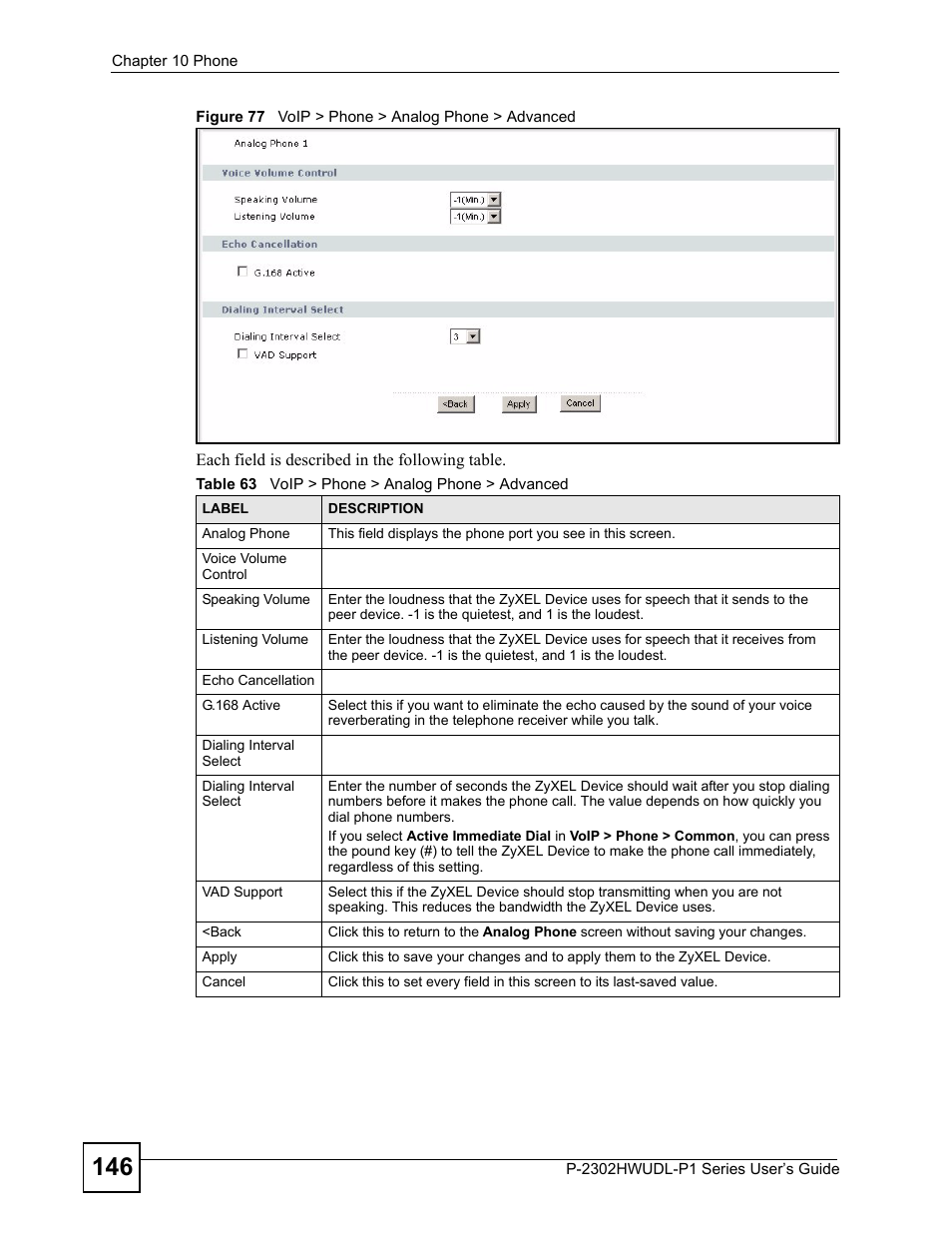 Figure 77 voip > phone > analog phone > advanced, Table 63 voip > phone > analog phone > advanced | ZyXEL Communications Network Device P-2302 User Manual | Page 146 / 359