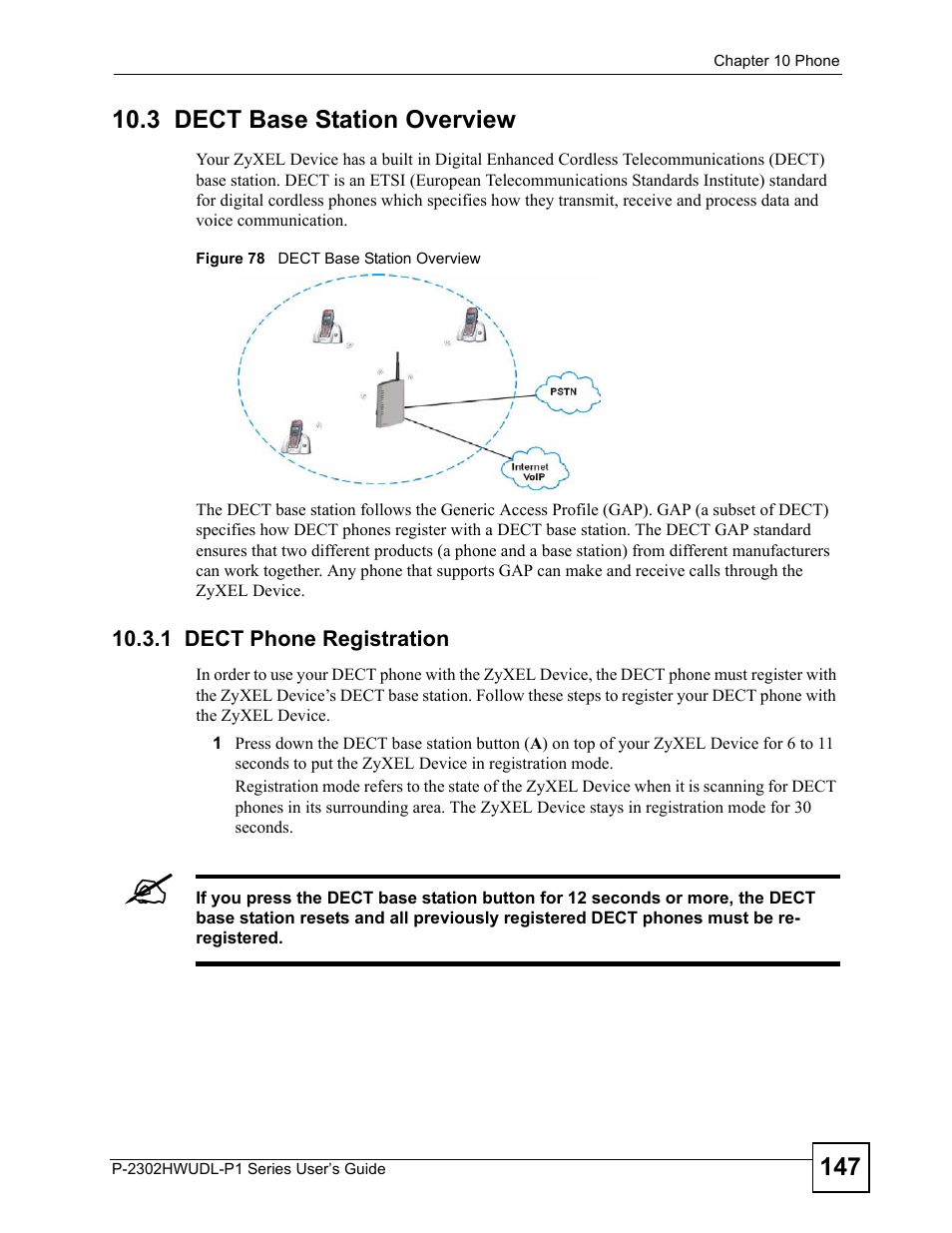 3 dect base station overview, 1 dect phone registration, Figure 78 dect base station overview | ZyXEL Communications Network Device P-2302 User Manual | Page 147 / 359