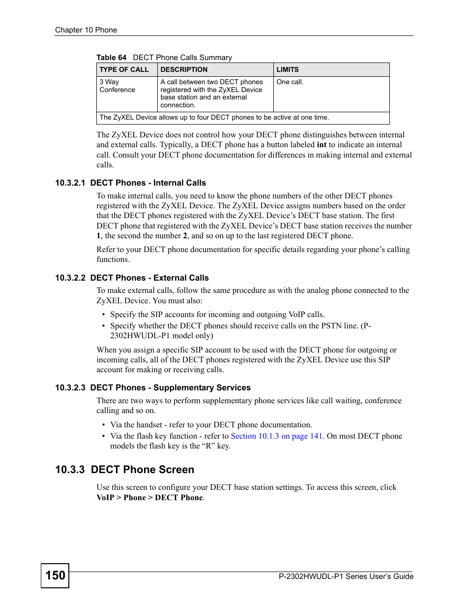 3 dect phone screen | ZyXEL Communications Network Device P-2302 User Manual | Page 150 / 359