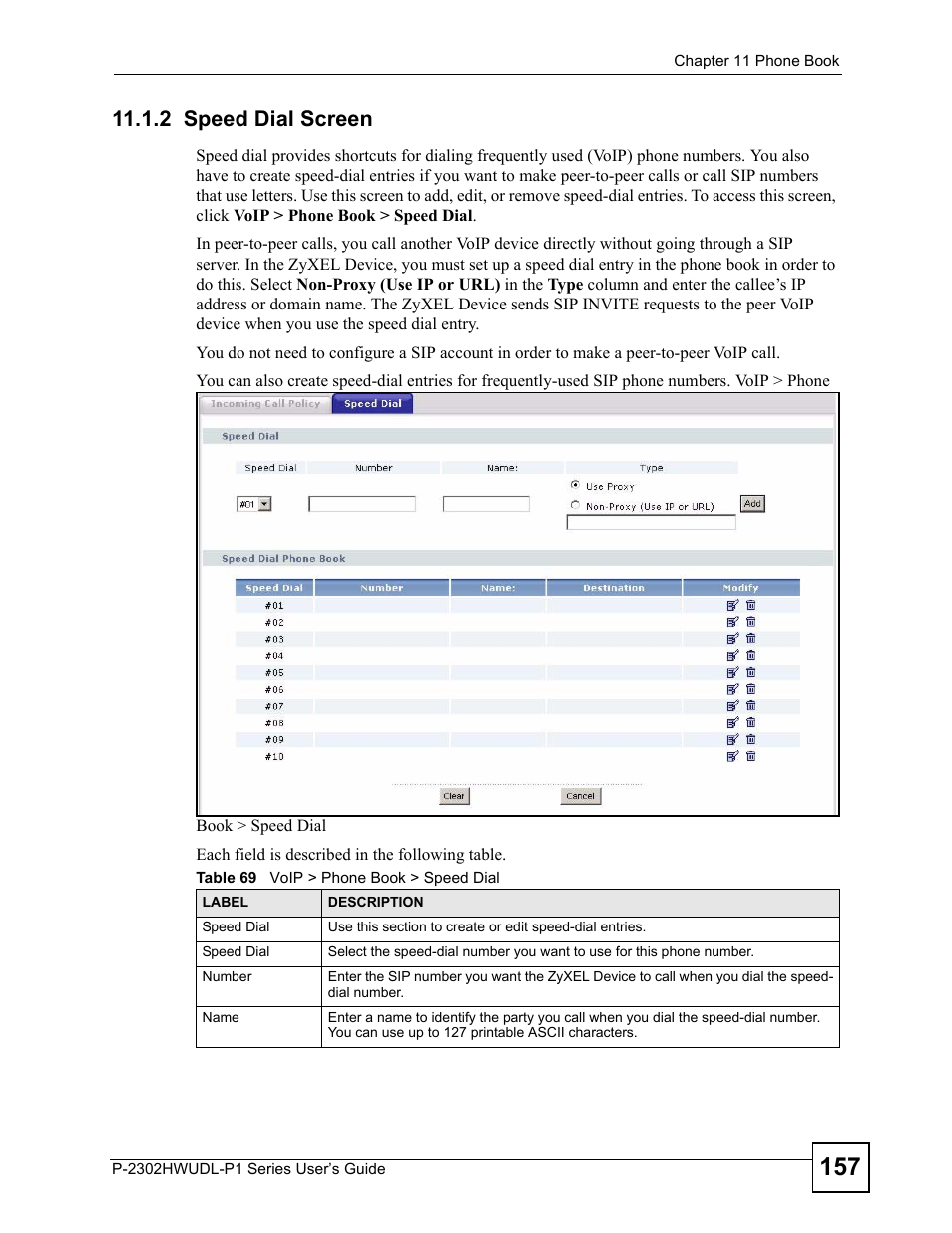 2 speed dial screen, Table 69 voip > phone book > speed dial | ZyXEL Communications Network Device P-2302 User Manual | Page 157 / 359