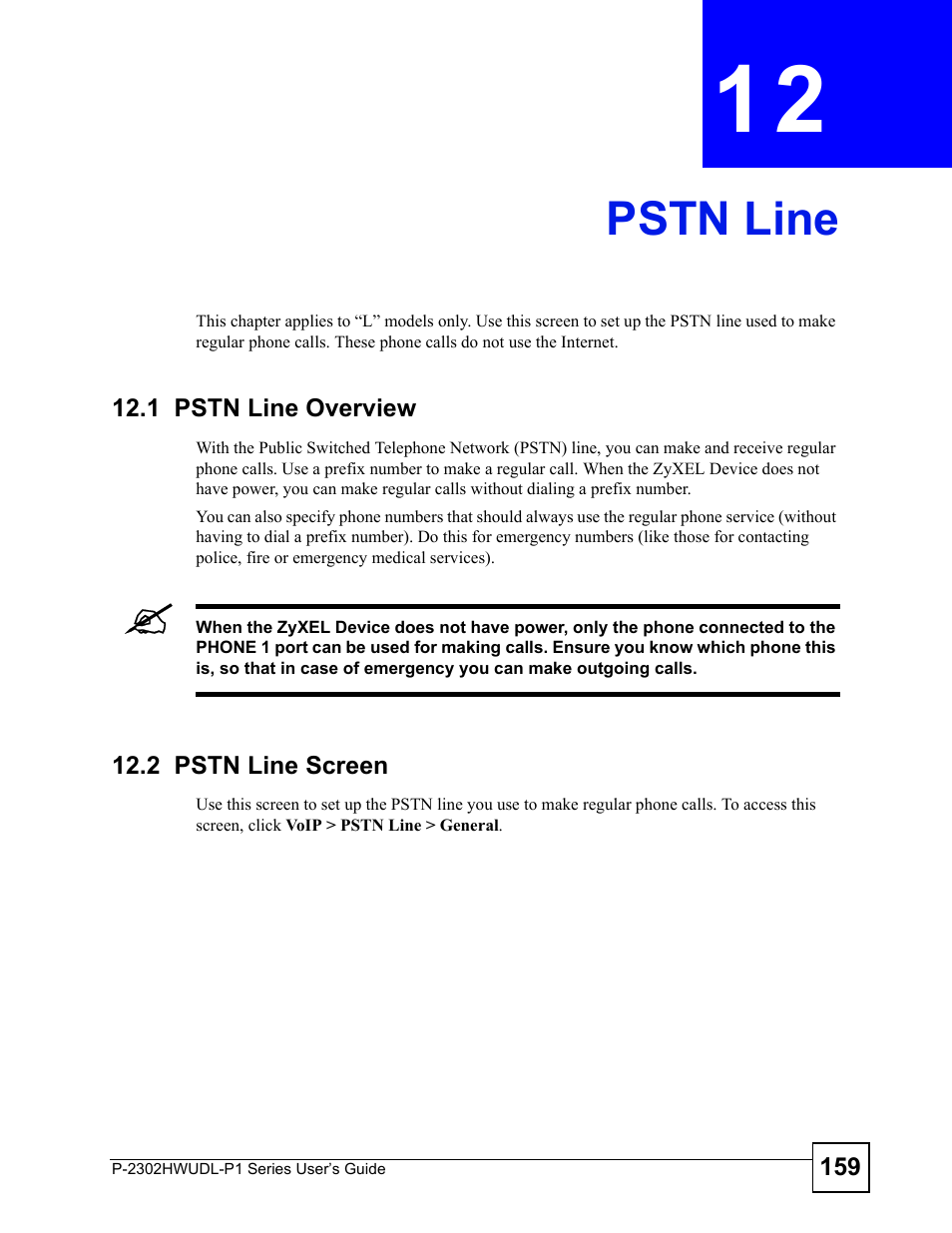 Pstn line, 1 pstn line overview, 2 pstn line screen | Chapter 12 pstn line, 1 pstn line overview 12.2 pstn line screen, Pstn line (159) | ZyXEL Communications Network Device P-2302 User Manual | Page 159 / 359