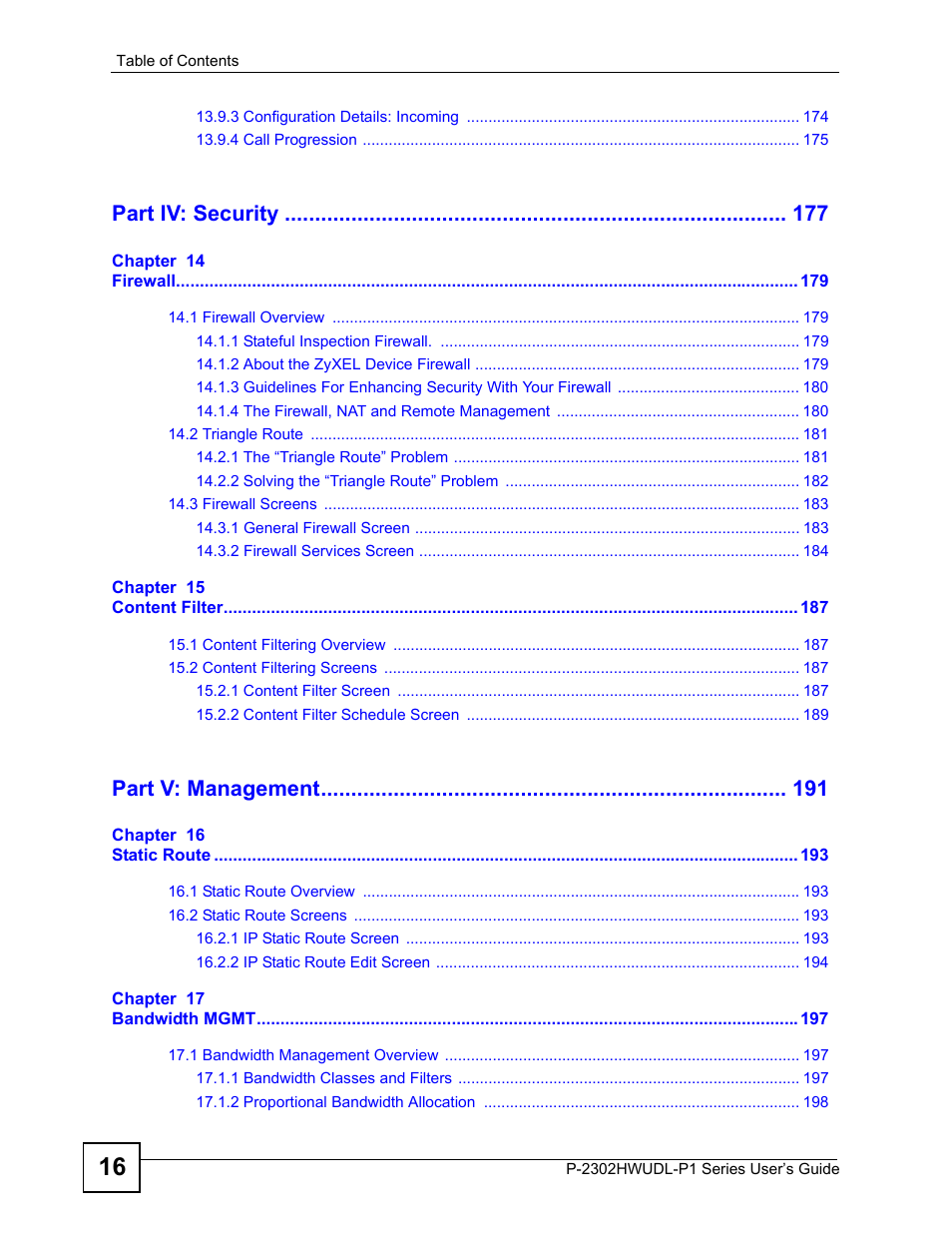 Part iv: security, Part v: management | ZyXEL Communications Network Device P-2302 User Manual | Page 16 / 359