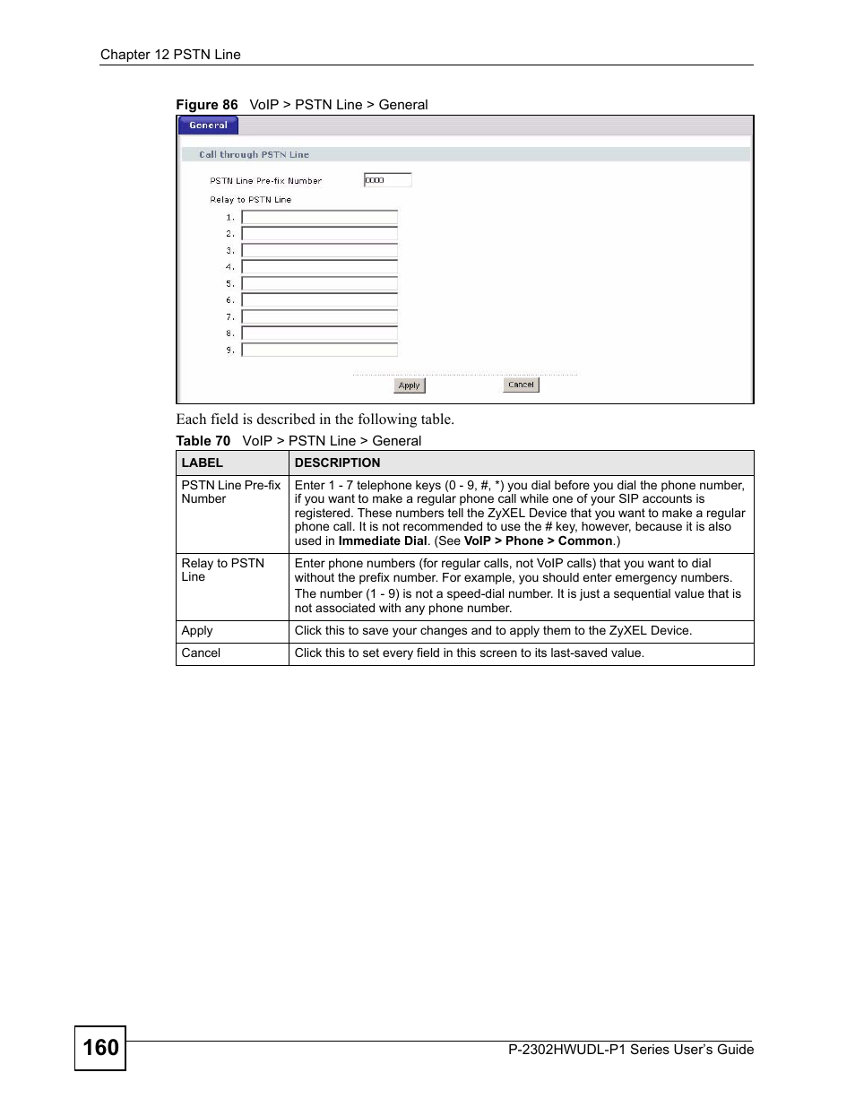 Figure 86 voip > pstn line > general, Table 70 voip > pstn line > general | ZyXEL Communications Network Device P-2302 User Manual | Page 160 / 359