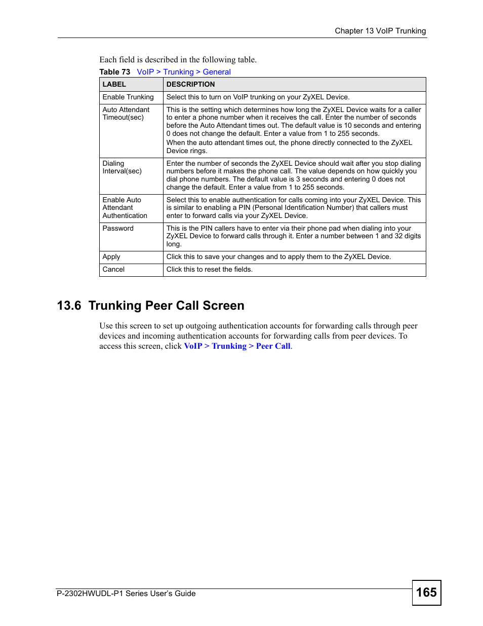 6 trunking peer call screen, Table 73 v | ZyXEL Communications Network Device P-2302 User Manual | Page 165 / 359