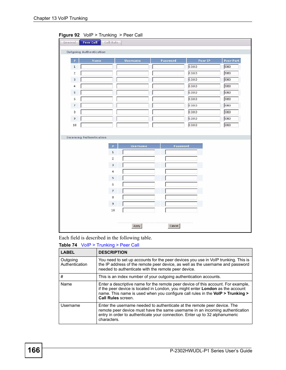 Figure 92 voip > trunking > peer call, Table 74 v, N, click | Voip > trunking > peer call | ZyXEL Communications Network Device P-2302 User Manual | Page 166 / 359