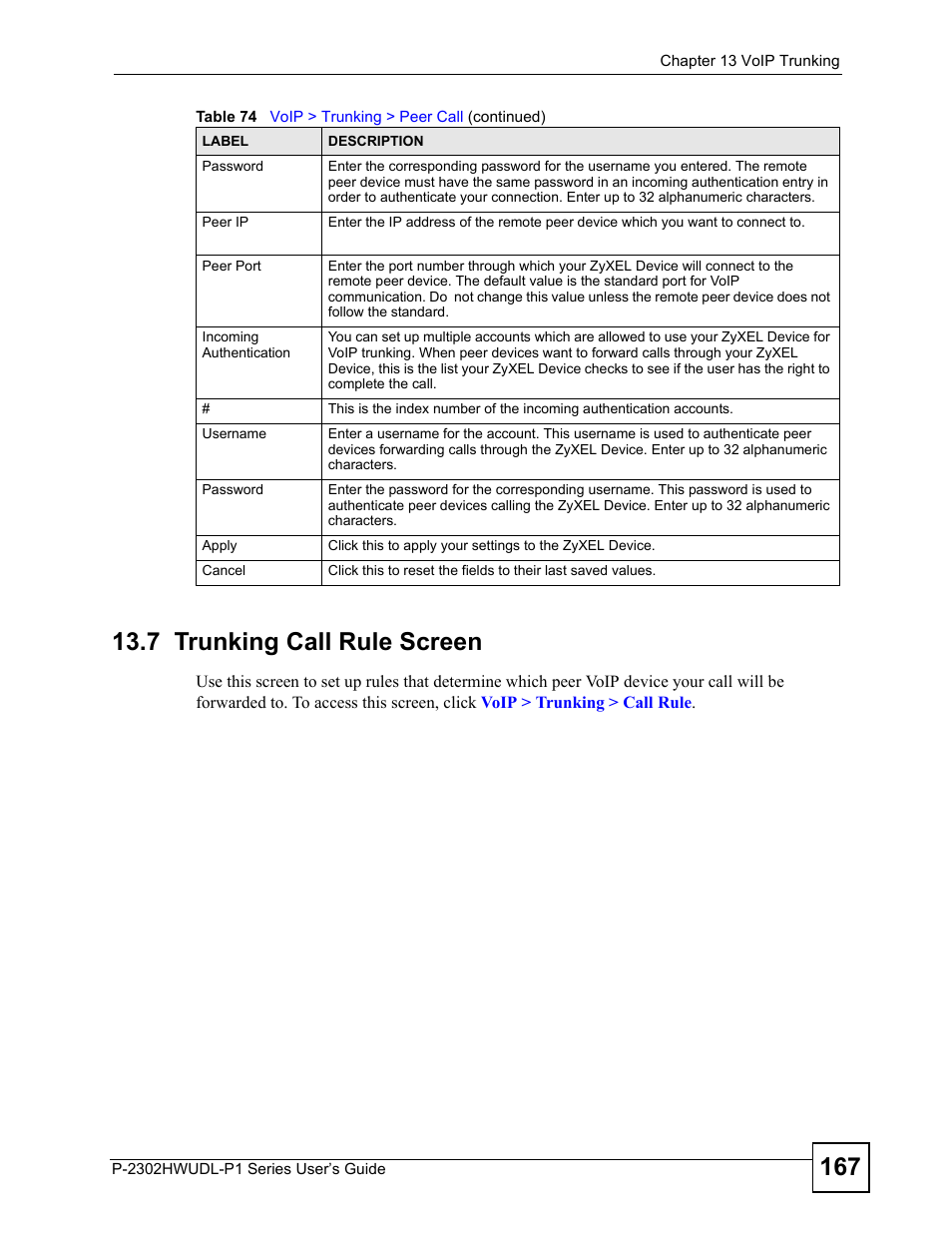 7 trunking call rule screen | ZyXEL Communications Network Device P-2302 User Manual | Page 167 / 359