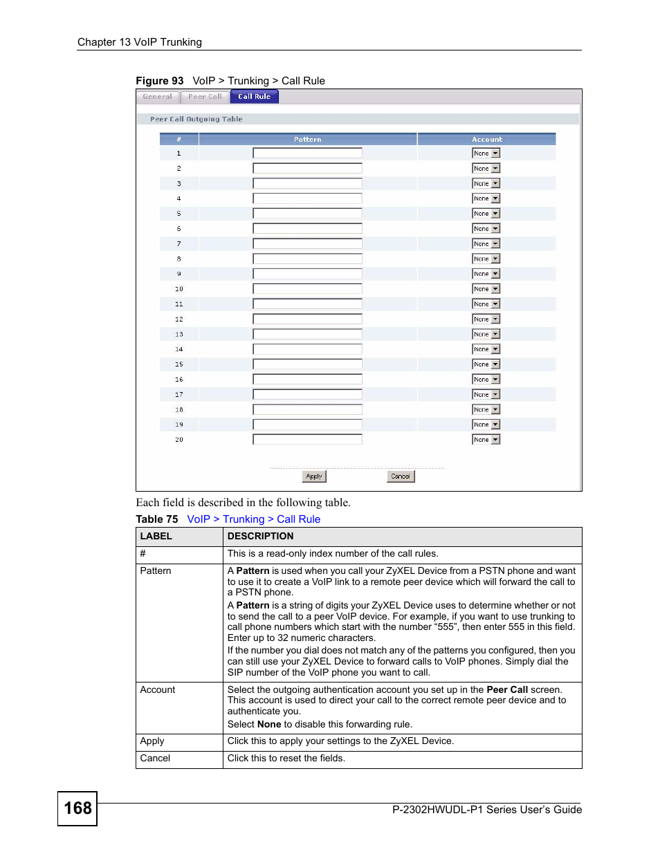 Figure 93 voip > trunking > call rule, Table 75 v | ZyXEL Communications Network Device P-2302 User Manual | Page 168 / 359