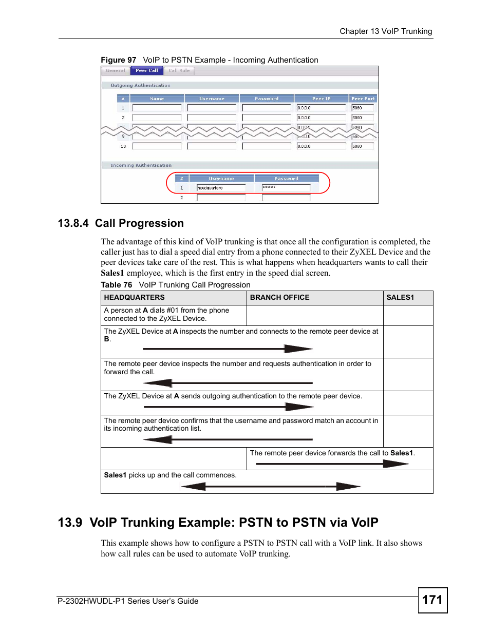 4 call progression, 9 voip trunking example: pstn to pstn via voip, Table 76 voip trunking call progression | ZyXEL Communications Network Device P-2302 User Manual | Page 171 / 359