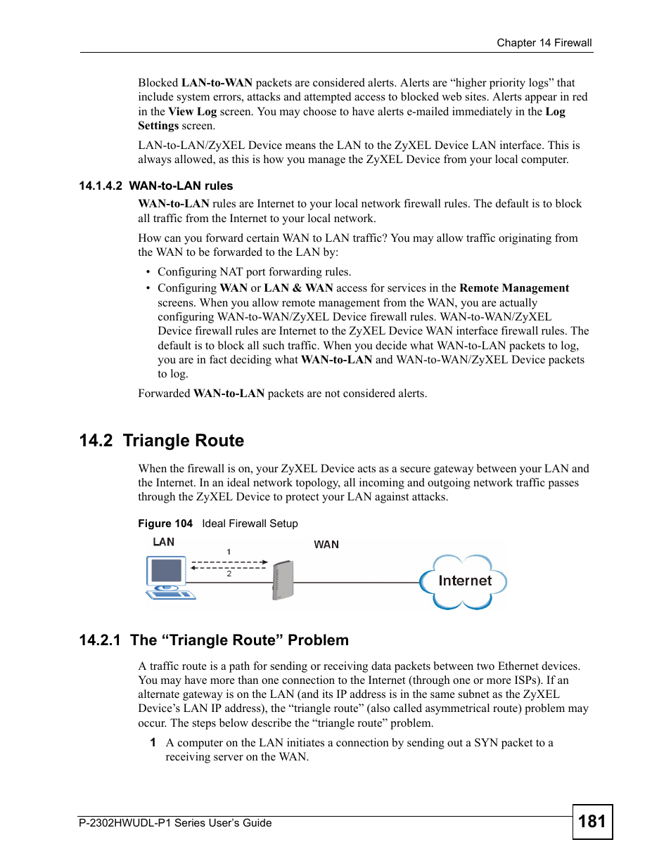 2 triangle route, 1 the “triangle route” problem, Figure 104 ideal firewall setup | ZyXEL Communications Network Device P-2302 User Manual | Page 181 / 359