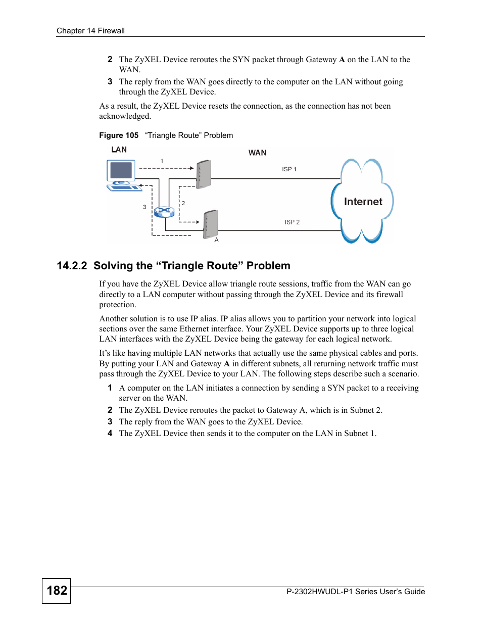 2 solving the “triangle route” problem, Figure 105 “triangle route” problem | ZyXEL Communications Network Device P-2302 User Manual | Page 182 / 359