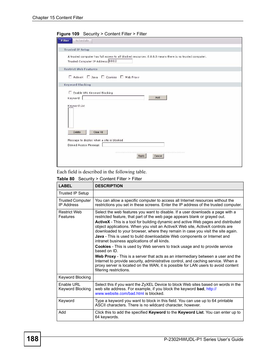 Figure 109 security > content filter > filter, Table 80 security > content filter > filter | ZyXEL Communications Network Device P-2302 User Manual | Page 188 / 359