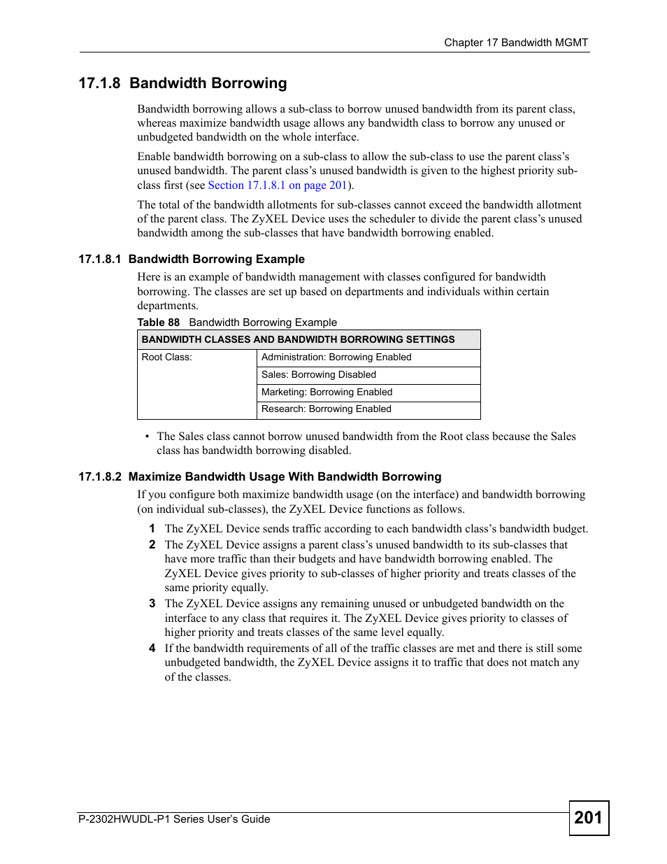 8 bandwidth borrowing, Table 88 bandwidth borrowing example | ZyXEL Communications Network Device P-2302 User Manual | Page 201 / 359