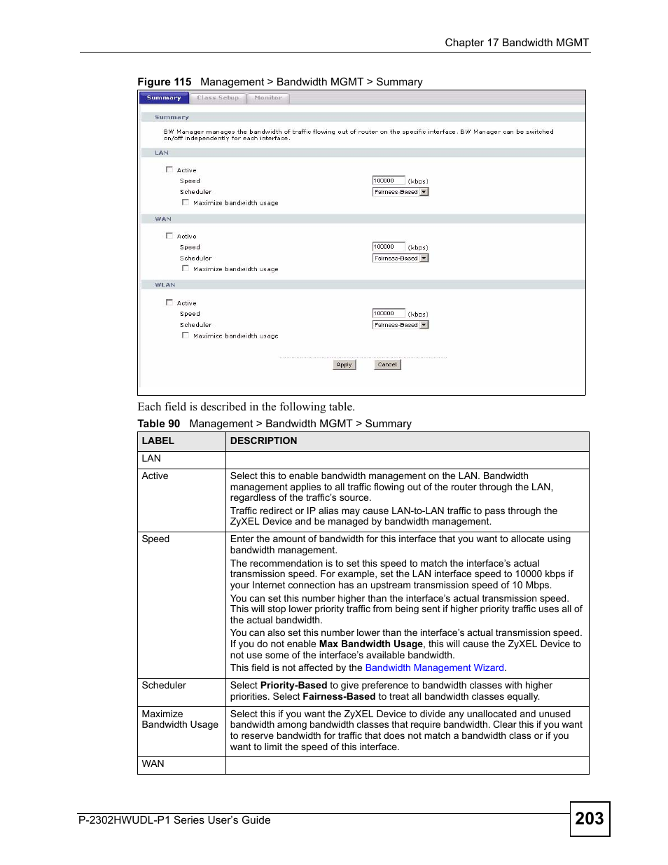 Figure 115 management > bandwidth mgmt > summary, Table 90 management > bandwidth mgmt > summary | ZyXEL Communications Network Device P-2302 User Manual | Page 203 / 359