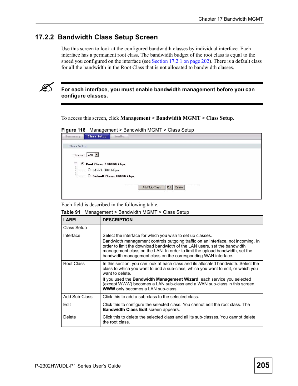 2 bandwidth class setup screen, Table 91 management > bandwidth mgmt > class setup, E the | Bandwidth class setup screen, Bandwidth class setup, Screen | ZyXEL Communications Network Device P-2302 User Manual | Page 205 / 359