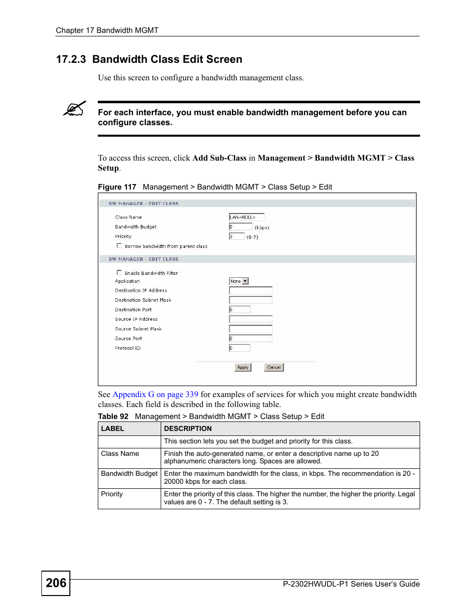 3 bandwidth class edit screen | ZyXEL Communications Network Device P-2302 User Manual | Page 206 / 359
