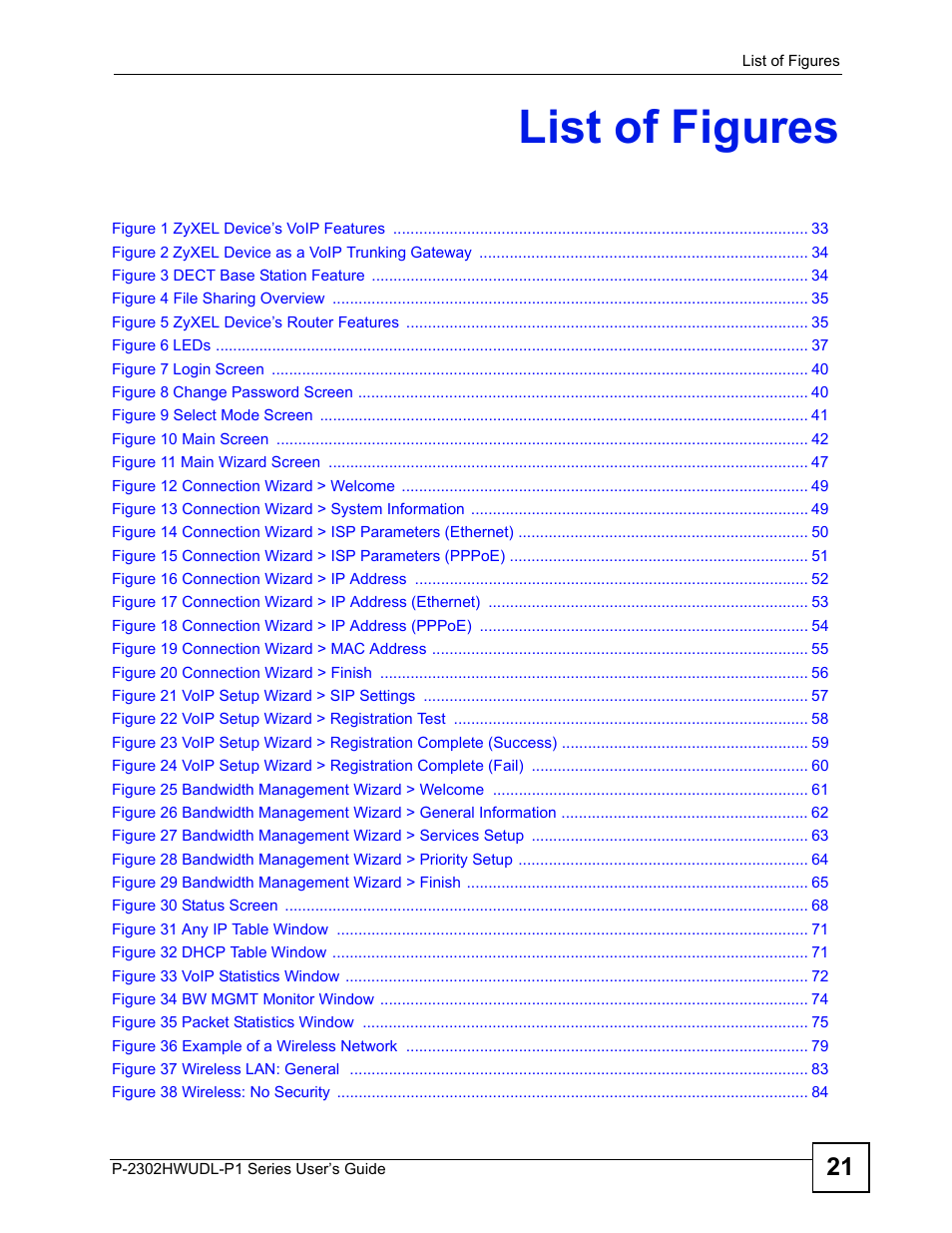 List of figures | ZyXEL Communications Network Device P-2302 User Manual | Page 21 / 359