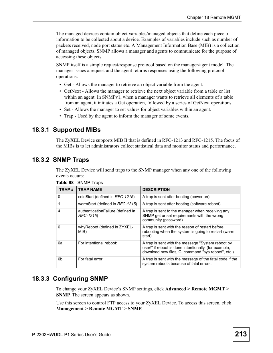 1 supported mibs, 2 snmp traps, 3 configuring snmp | Table 98 snmp traps | ZyXEL Communications Network Device P-2302 User Manual | Page 213 / 359