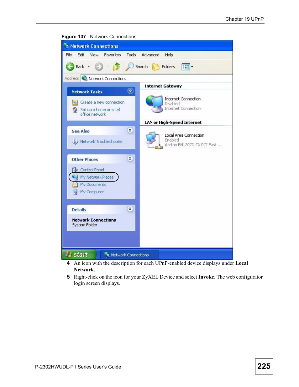 Figure 137 network connections | ZyXEL Communications Network Device P-2302 User Manual | Page 225 / 359