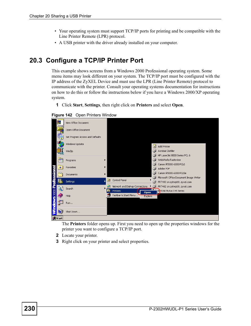 3 configure a tcp/ip printer port, Figure 142 open printers window | ZyXEL Communications Network Device P-2302 User Manual | Page 230 / 359