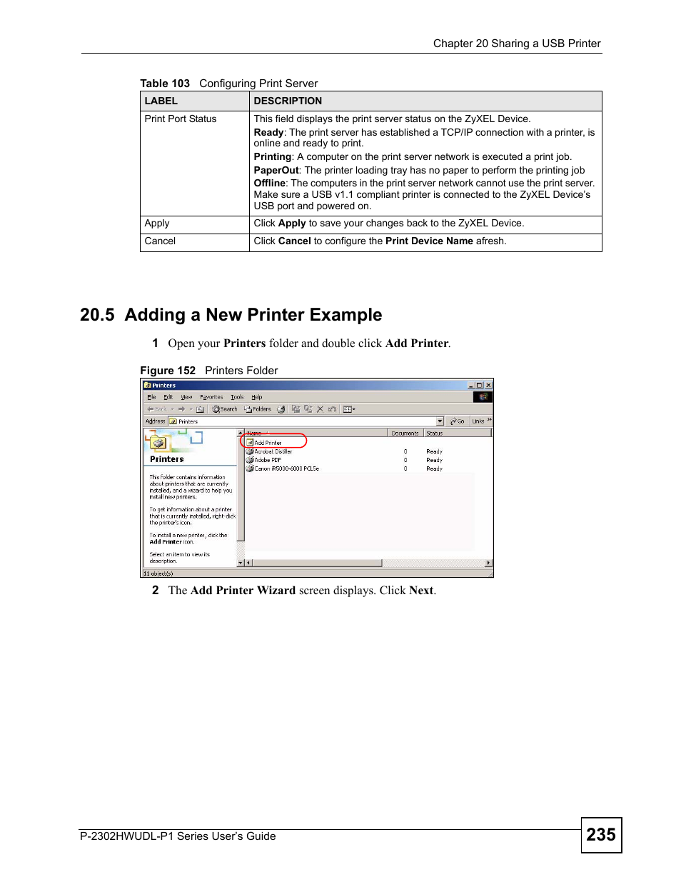 5 adding a new printer example, Figure 152 printers folder | ZyXEL Communications Network Device P-2302 User Manual | Page 235 / 359