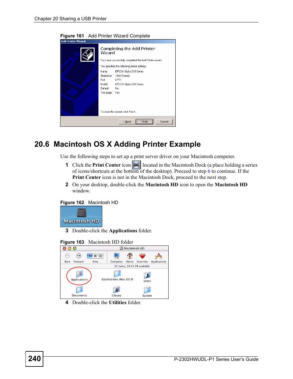 6 macintosh os x adding printer example | ZyXEL Communications Network Device P-2302 User Manual | Page 240 / 359