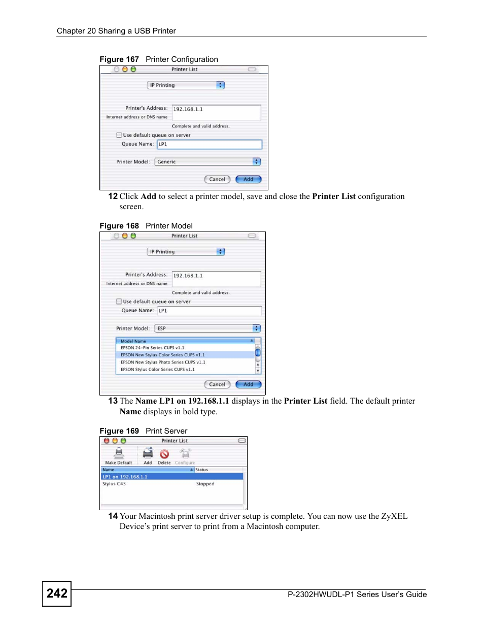 Figure 167 printer configuration, Figure 168 printer model figure 169 print server | ZyXEL Communications Network Device P-2302 User Manual | Page 242 / 359