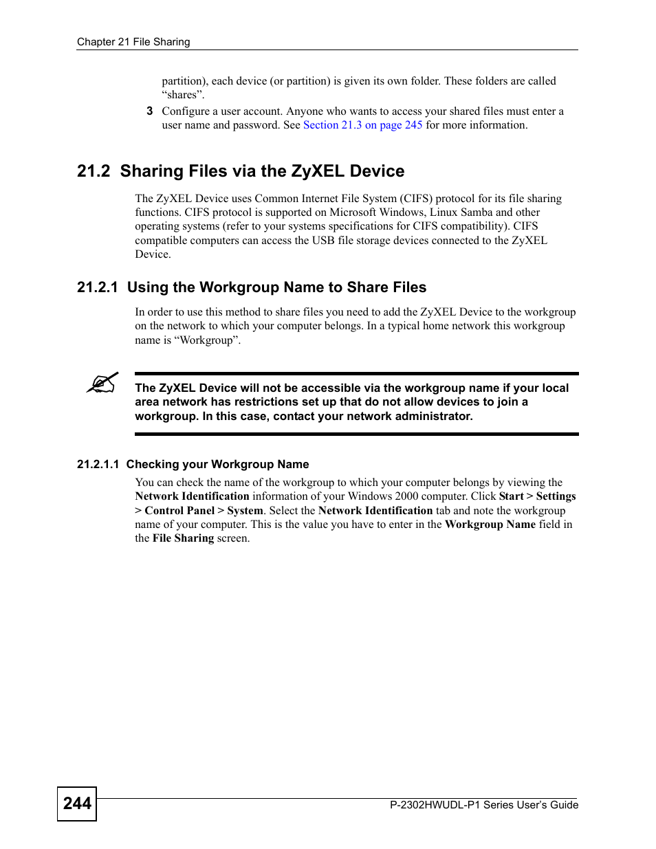 2 sharing files via the zyxel device, 1 using the workgroup name to share files | ZyXEL Communications Network Device P-2302 User Manual | Page 244 / 359