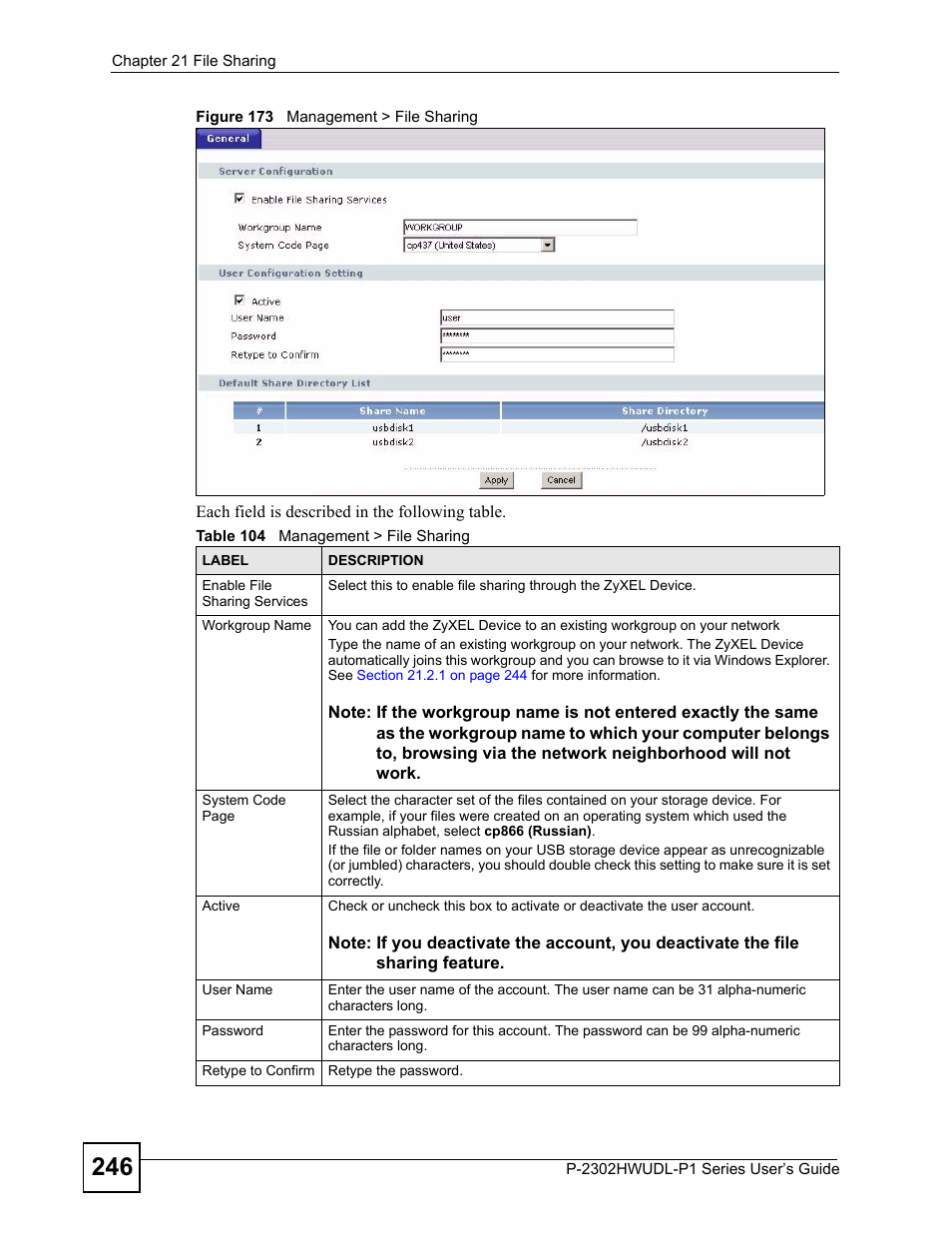 Figure 173 management > file sharing, Table 104 management > file sharing | ZyXEL Communications Network Device P-2302 User Manual | Page 246 / 359