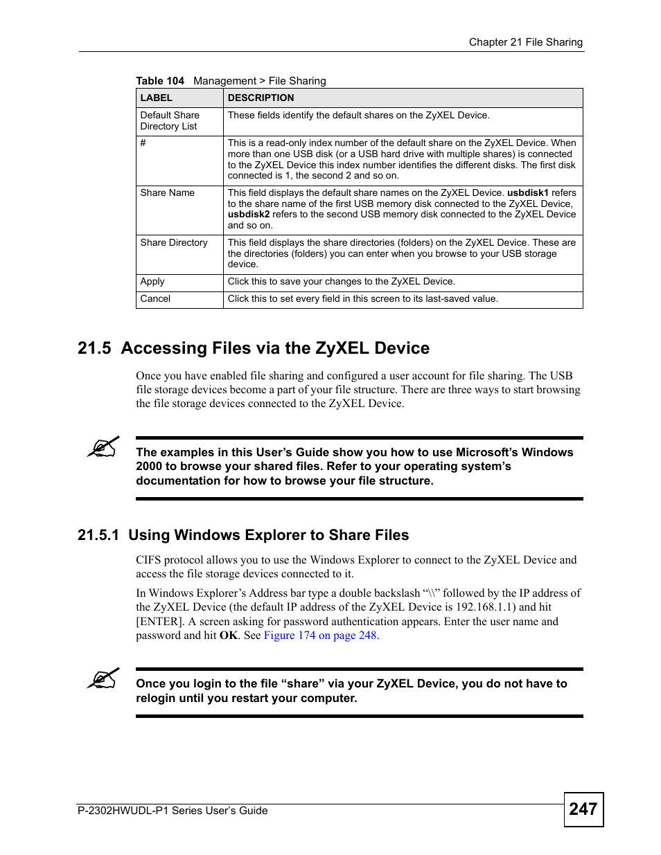 5 accessing files via the zyxel device, 1 using windows explorer to share files | ZyXEL Communications Network Device P-2302 User Manual | Page 247 / 359