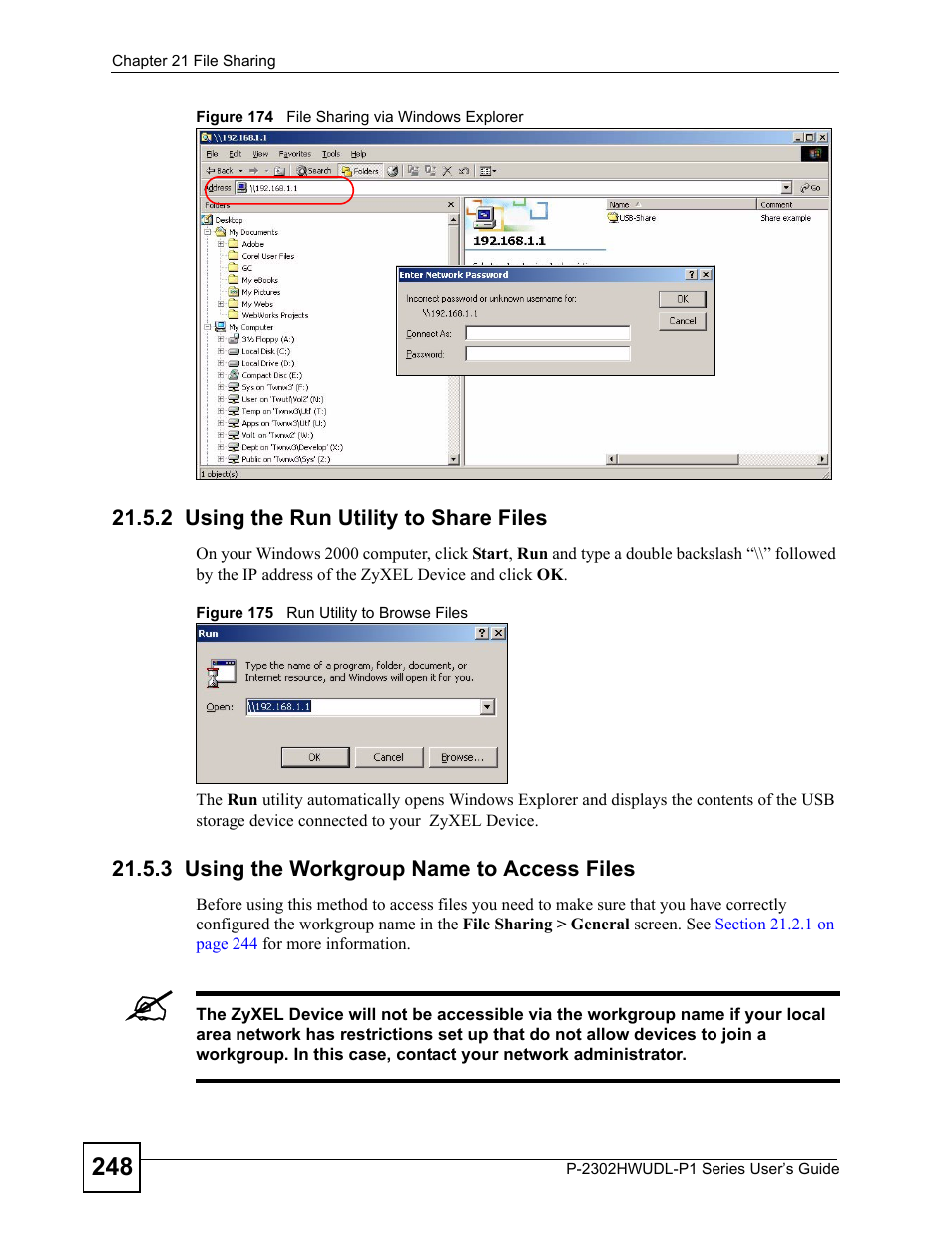 2 using the run utility to share files, 3 using the workgroup name to access files | ZyXEL Communications Network Device P-2302 User Manual | Page 248 / 359