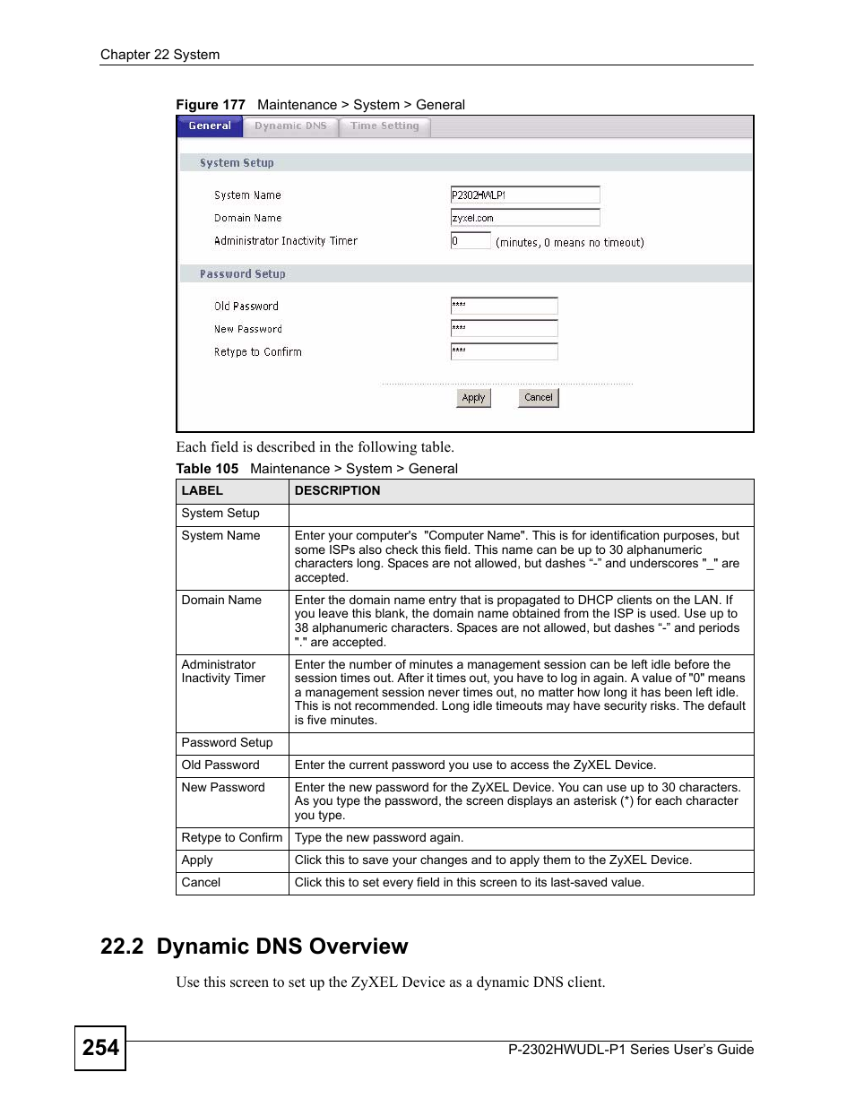 2 dynamic dns overview, Figure 177 maintenance > system > general, Table 105 maintenance > system > general | ZyXEL Communications Network Device P-2302 User Manual | Page 254 / 359