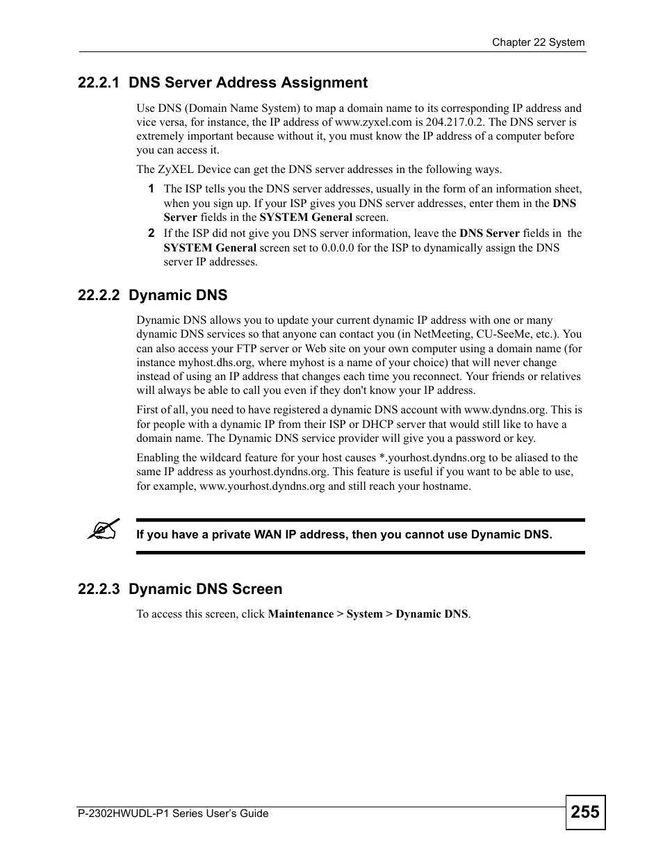 1 dns server address assignment, 2 dynamic dns, 3 dynamic dns screen | ZyXEL Communications Network Device P-2302 User Manual | Page 255 / 359