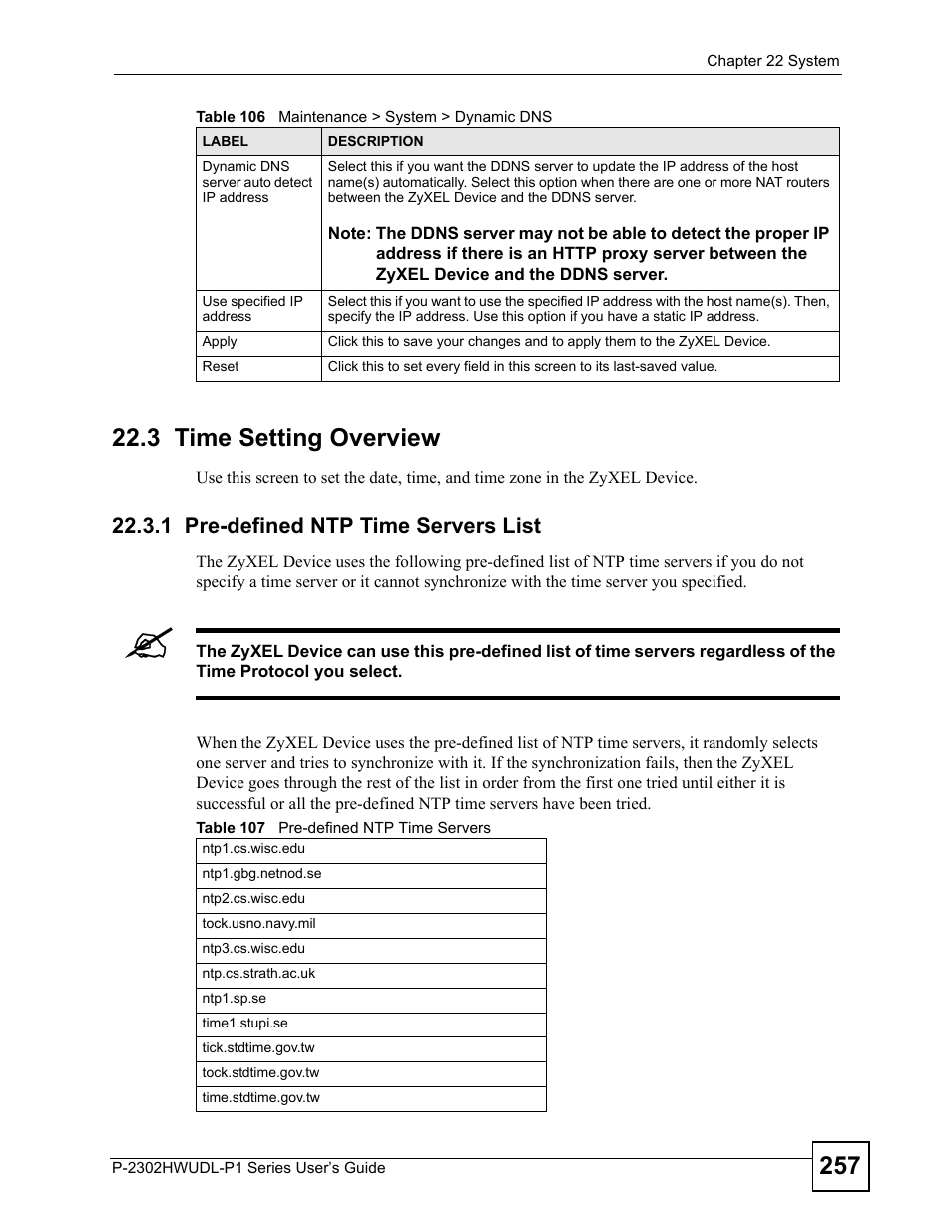 3 time setting overview, 1 pre-defined ntp time servers list, Table 107 pre-defined ntp time servers | ZyXEL Communications Network Device P-2302 User Manual | Page 257 / 359