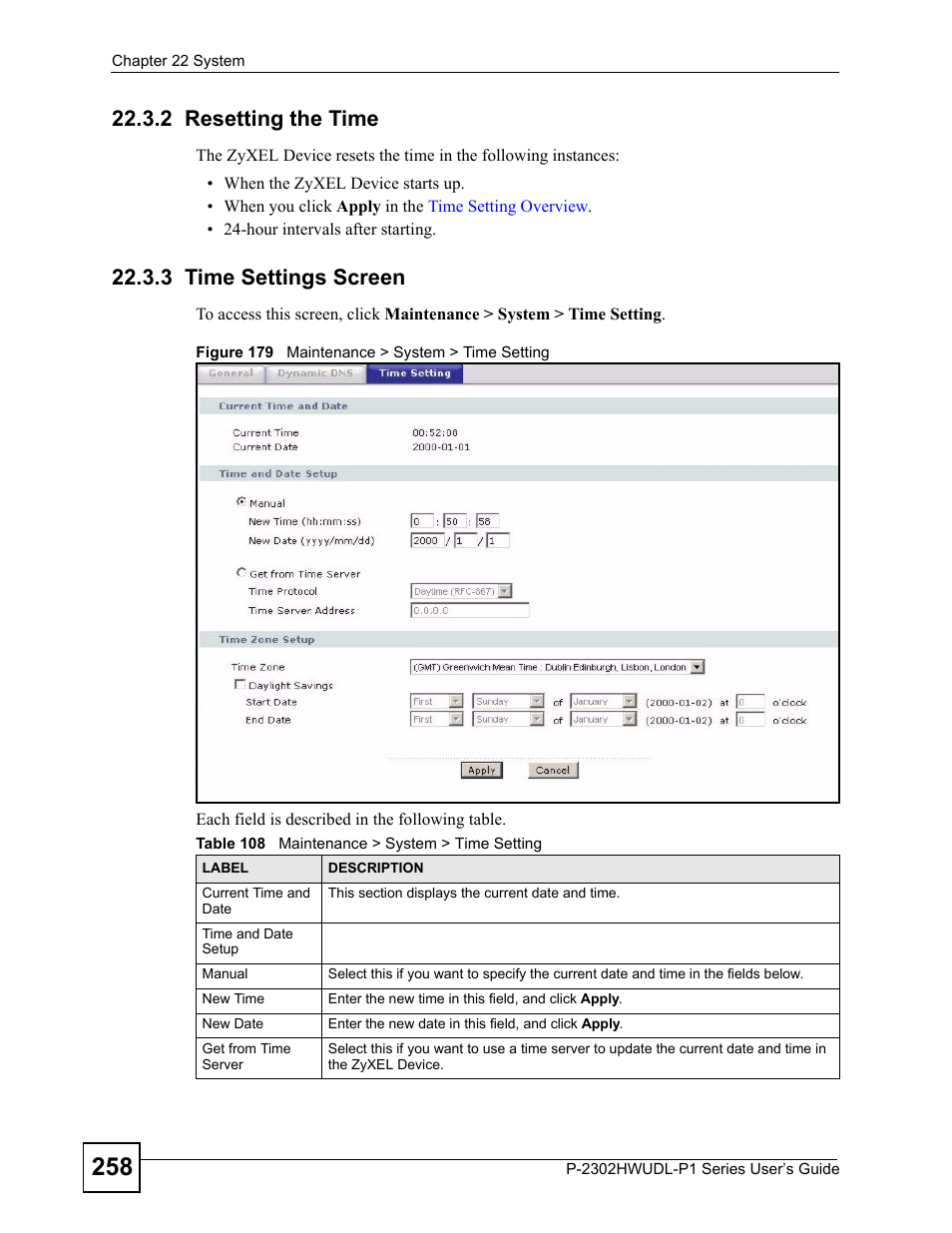 2 resetting the time, 3 time settings screen, 2 resetting the time 22.3.3 time settings screen | Figure 179 maintenance > system > time setting, Table 108 maintenance > system > time setting | ZyXEL Communications Network Device P-2302 User Manual | Page 258 / 359