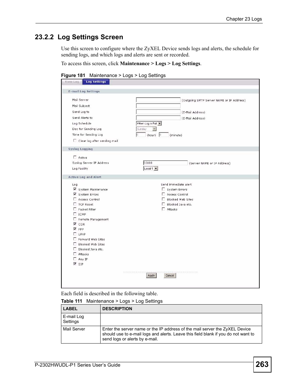 2 log settings screen, Figure 181 maintenance > logs > log settings, Table 111 maintenance > logs > log settings | ZyXEL Communications Network Device P-2302 User Manual | Page 263 / 359