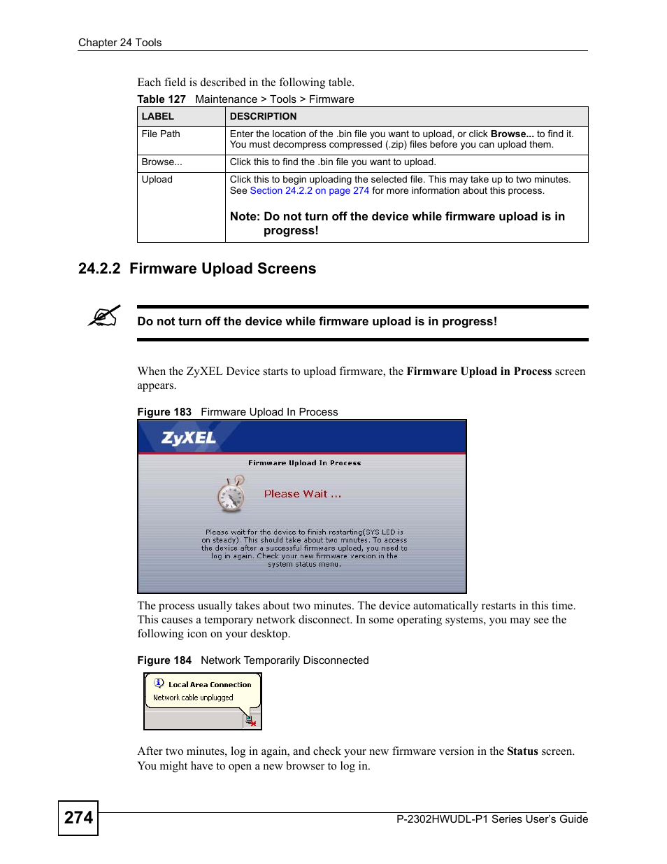 2 firmware upload screens, Table 127 maintenance > tools > firmware | ZyXEL Communications Network Device P-2302 User Manual | Page 274 / 359