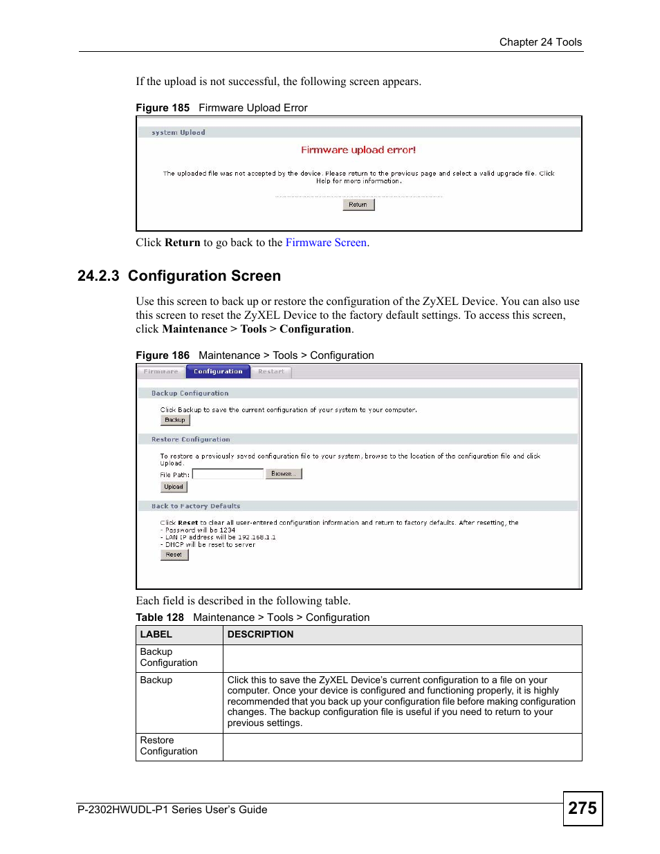 3 configuration screen, Table 128 maintenance > tools > configuration | ZyXEL Communications Network Device P-2302 User Manual | Page 275 / 359