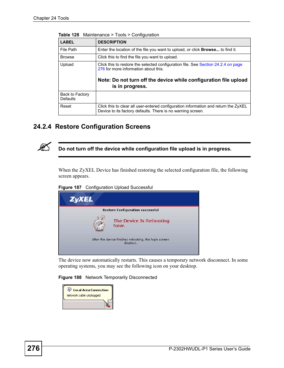 4 restore configuration screens | ZyXEL Communications Network Device P-2302 User Manual | Page 276 / 359