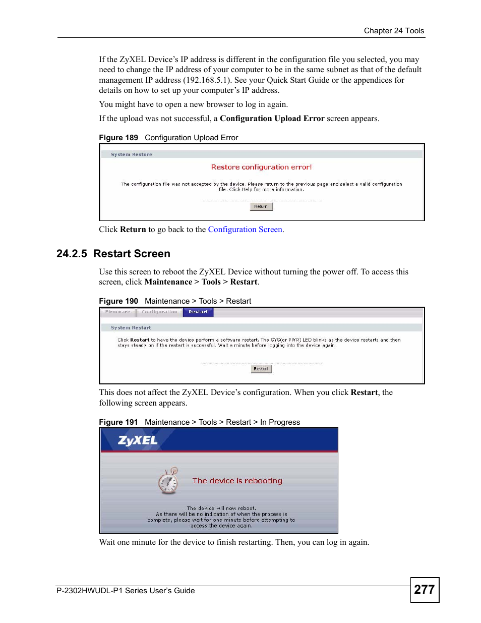 5 restart screen | ZyXEL Communications Network Device P-2302 User Manual | Page 277 / 359